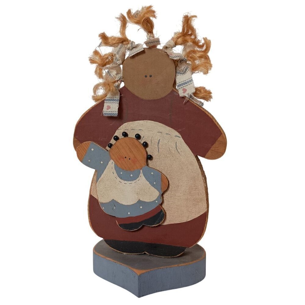 Wooden Vintage Handmade Mama & Baby Country Cottage Core Hand Painted Sculpture
